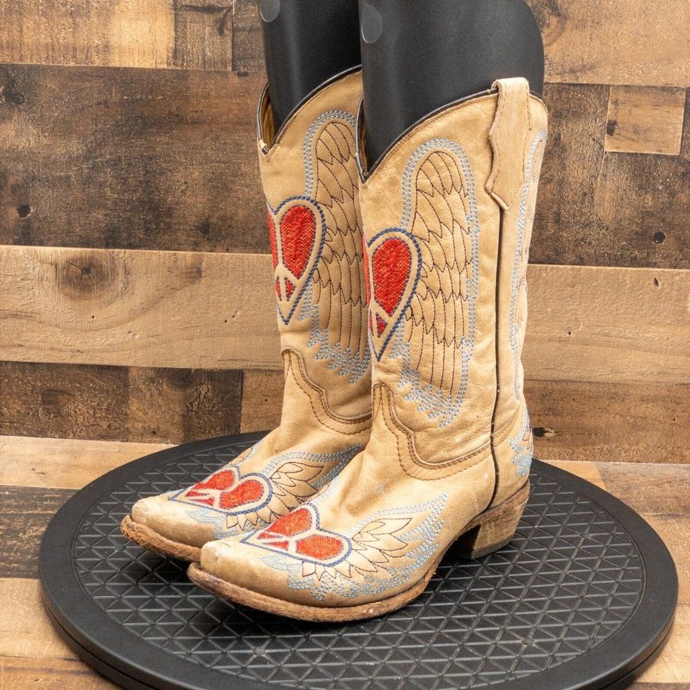 CORRAL TEENS YOUTH COWBOY BOOTS WESTERN RANCH FARM TAN PEACE HEARTS SIZE 4T